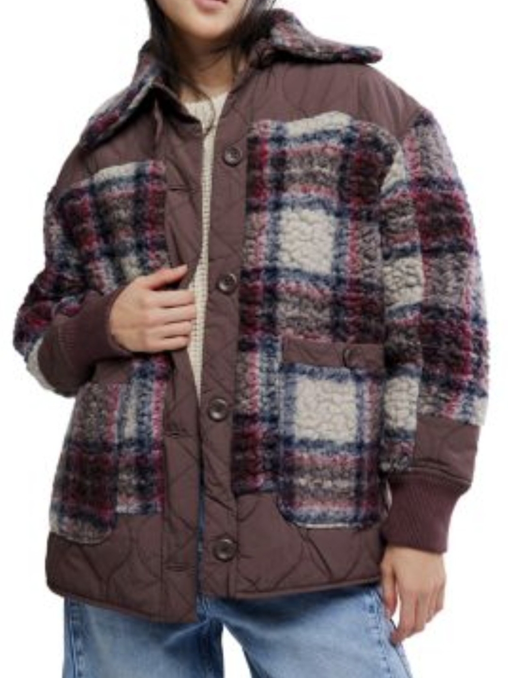 FREE PEOPLE Sana Quilted Plaid Fleece Bomber Jacket In Pomegranate Combo
